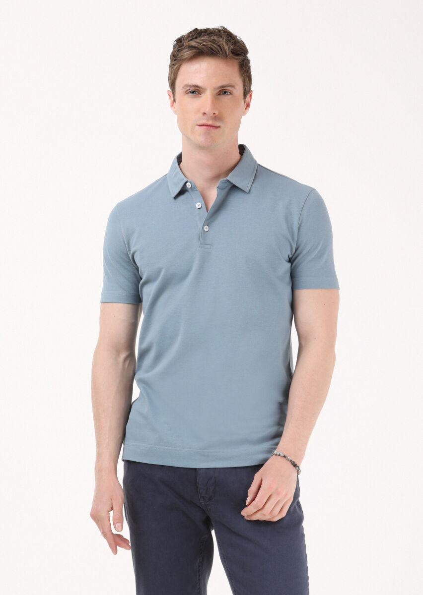 Petrol Blue Jacquard Polo Neck 100% Cotton T-Shirt - 2