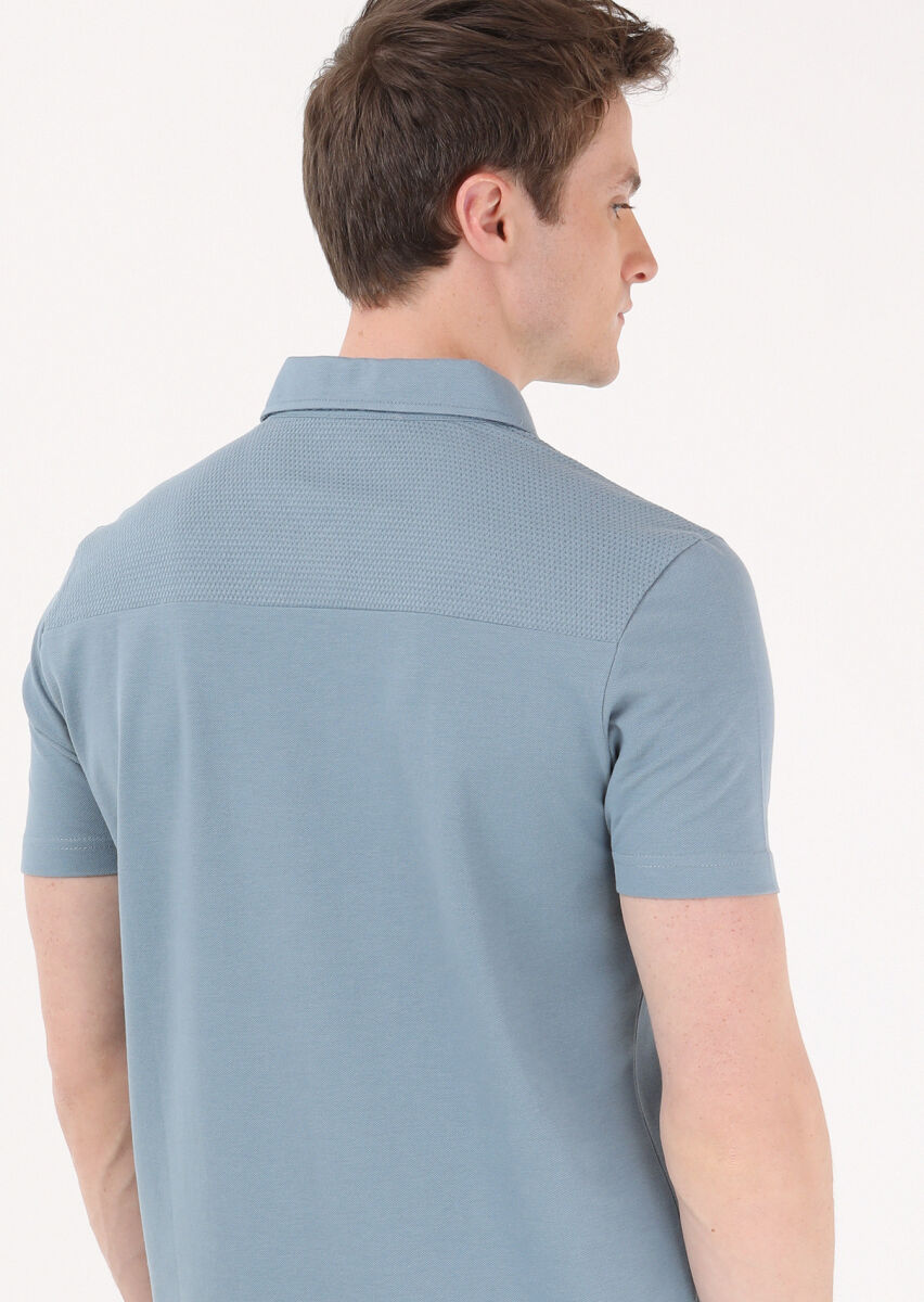 Petrol Blue Jacquard Polo Neck 100% Cotton T-Shirt - 4