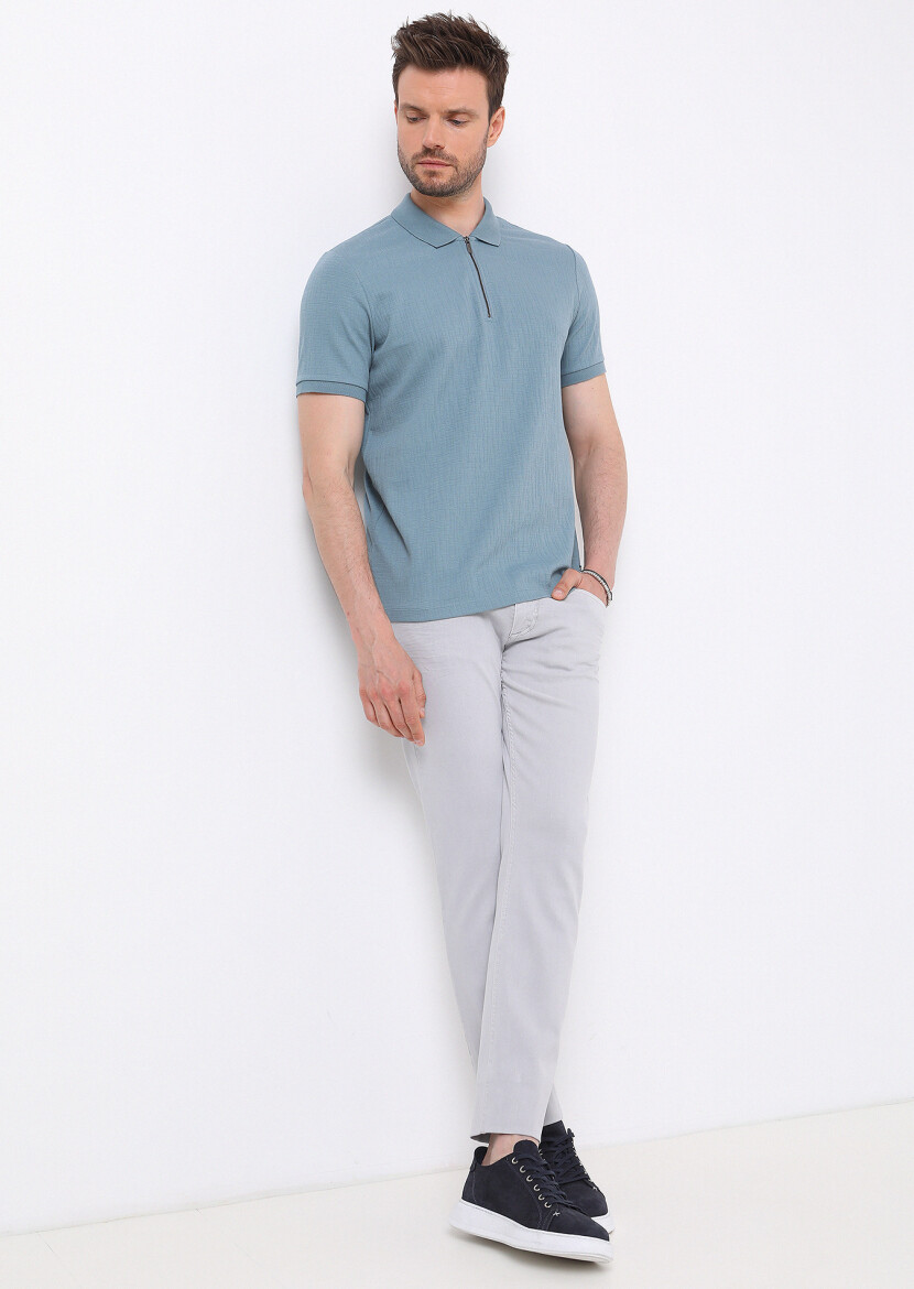 Petrol Blue Jacquard Polo Neck Cotton Blended T-Shirt - 2