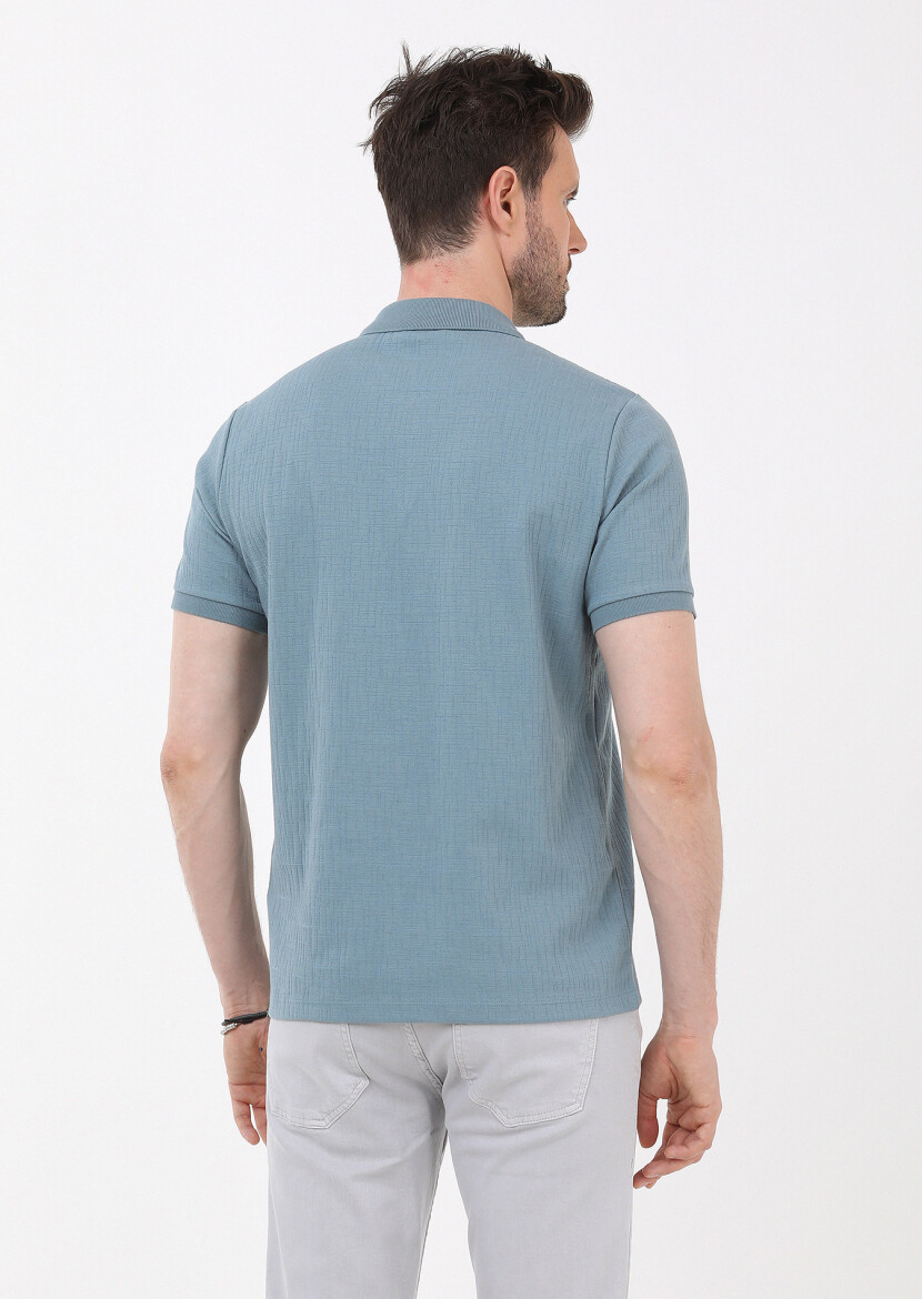 Petrol Blue Jacquard Polo Neck Cotton Blended T-Shirt - 4