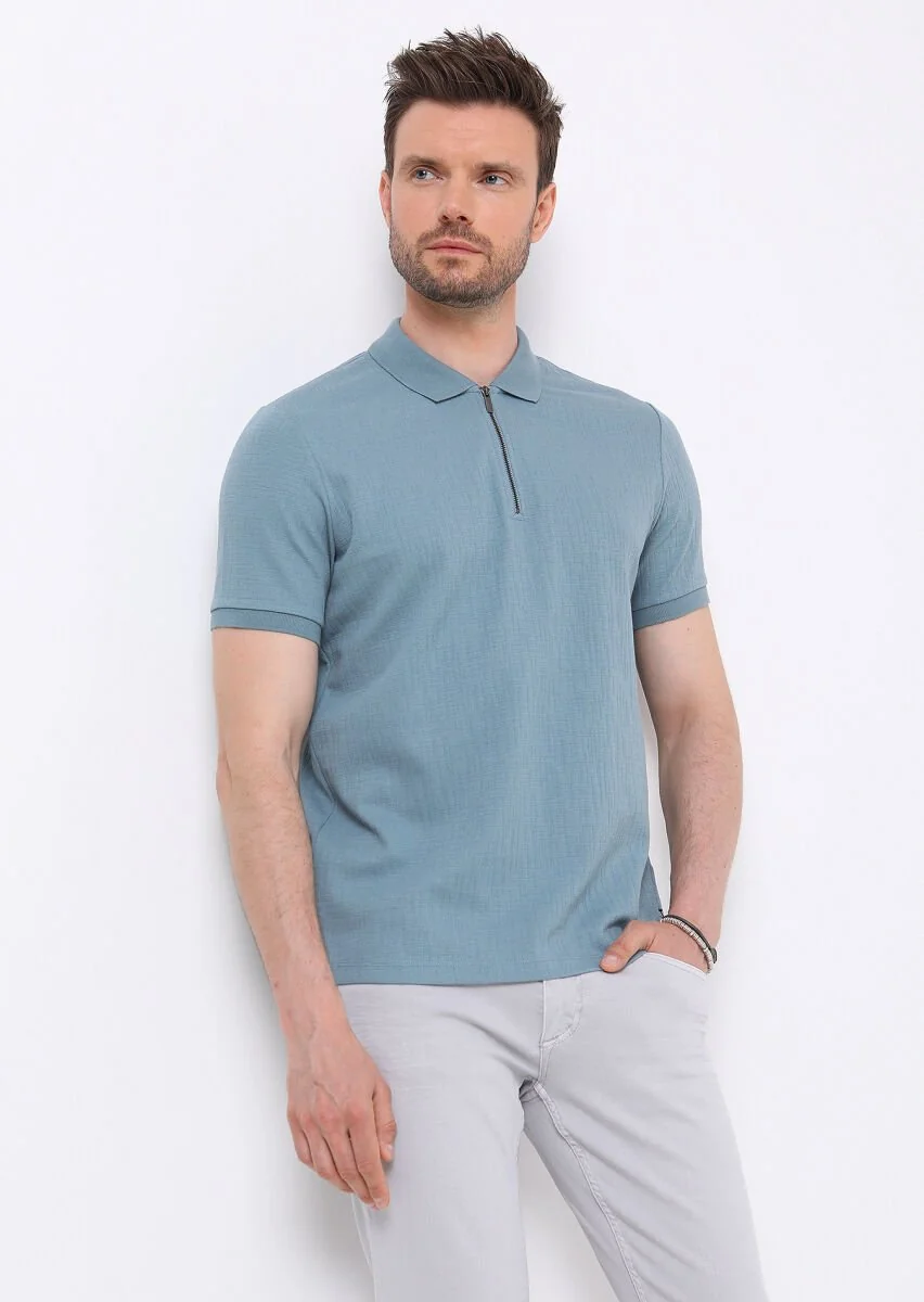 Petrol Blue Jacquard Polo Neck Cotton Blended T-Shirt - 1