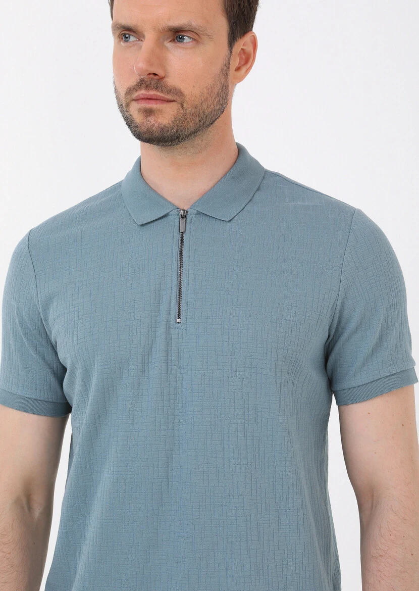 Petrol Blue Jacquard Polo Neck Cotton Blended T-Shirt - 2