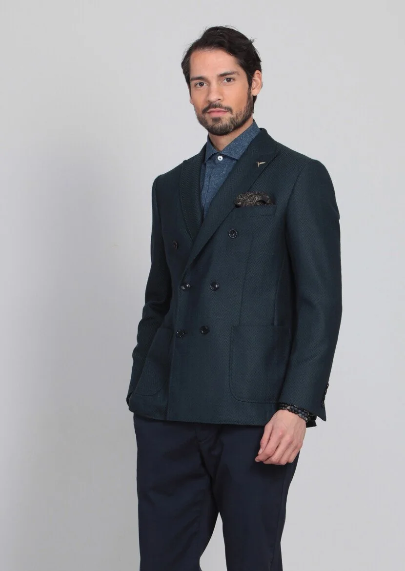 Petrol Blue Patterned Dynamic Fit 100% Wool Jacket - 1
