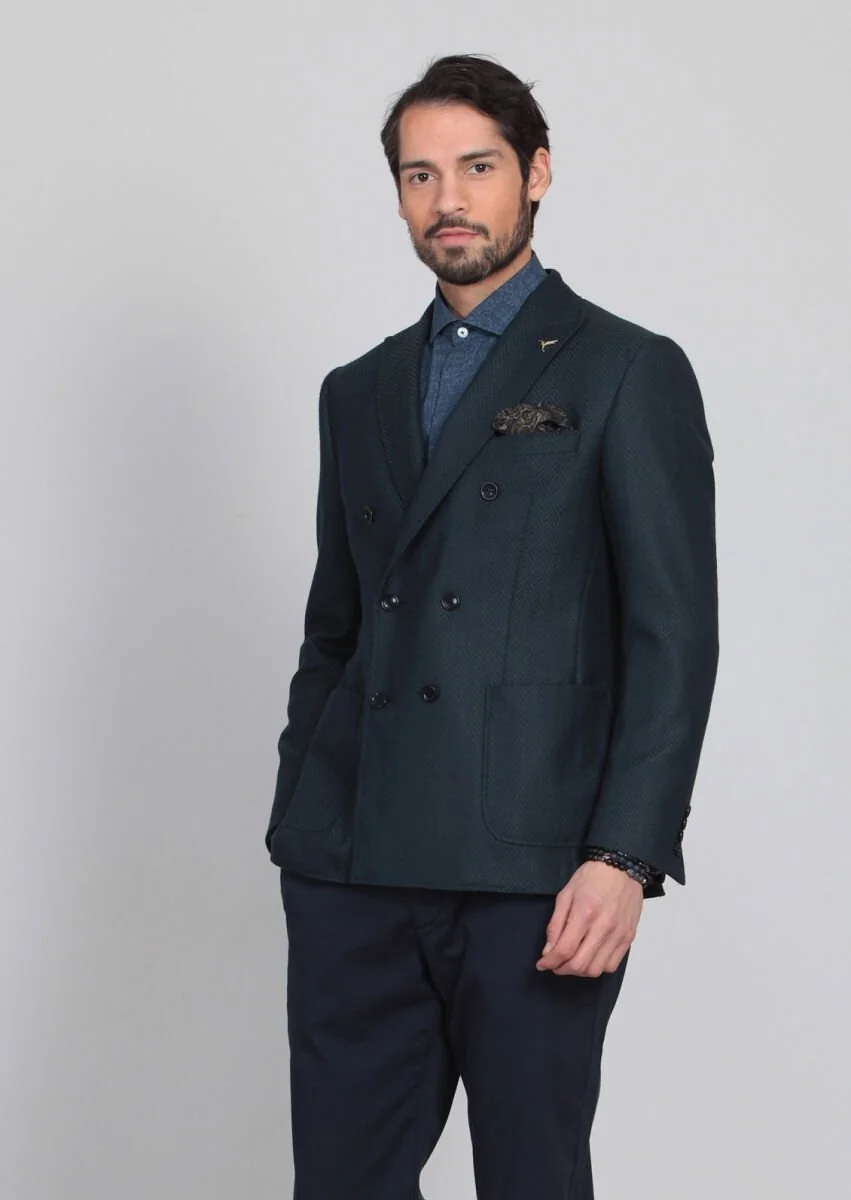 Petrol Blue Patterned Dynamic Fit 100% Wool Jacket - 1