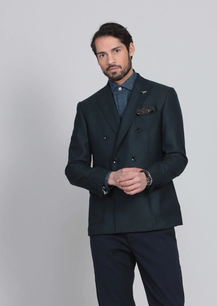 Petrol Blue Patterned Dynamic Fit 100% Wool Jacket - 2