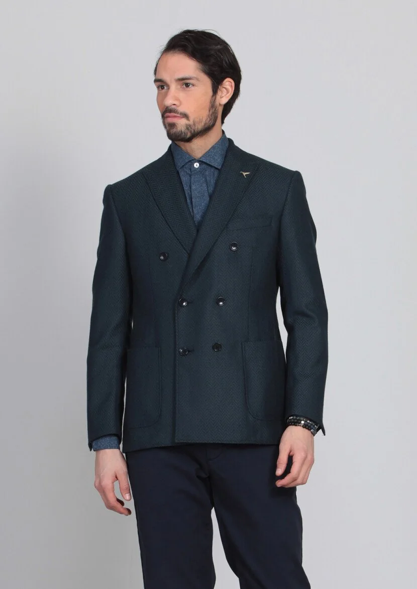 Petrol Blue Patterned Dynamic Fit 100% Wool Jacket - 3
