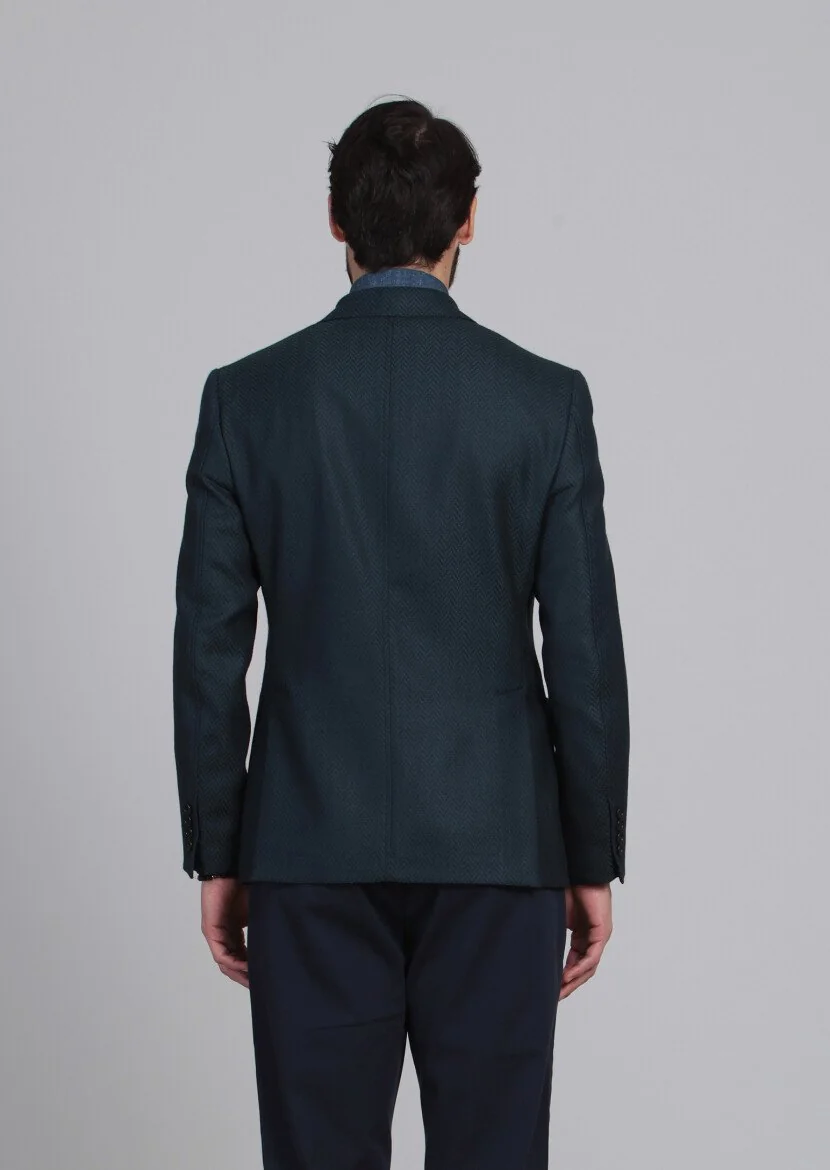 Petrol Blue Patterned Dynamic Fit 100% Wool Jacket - 4