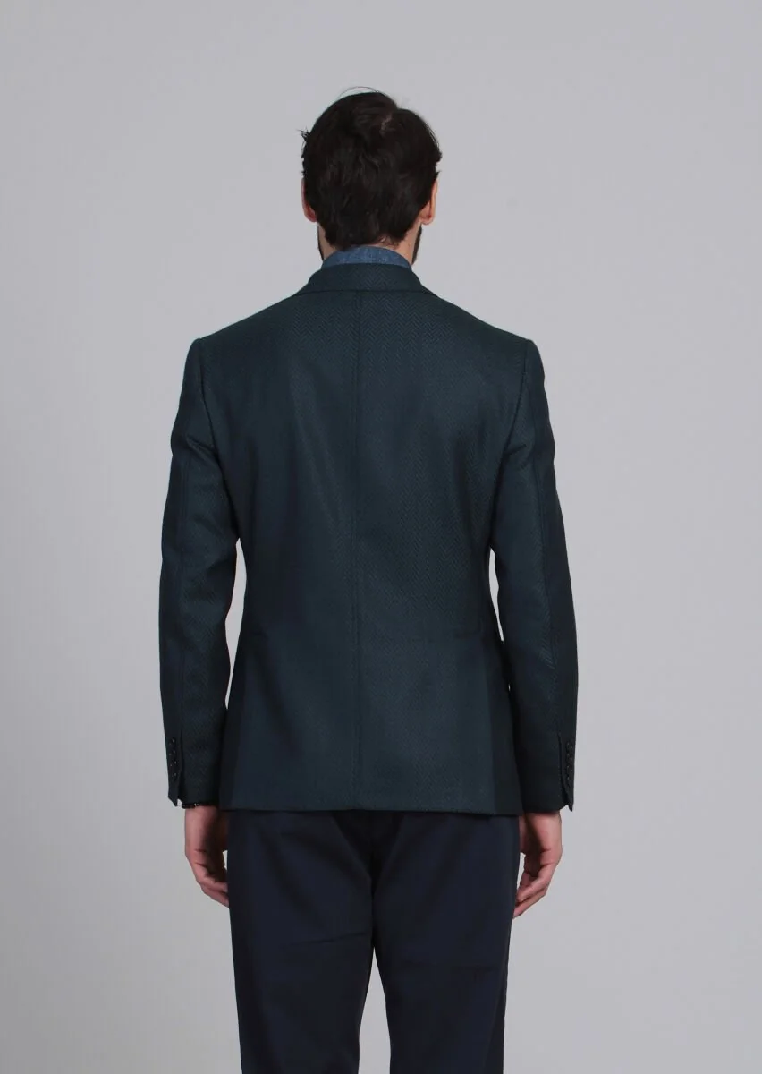 Petrol Blue Patterned Dynamic Fit 100% Wool Jacket - 4