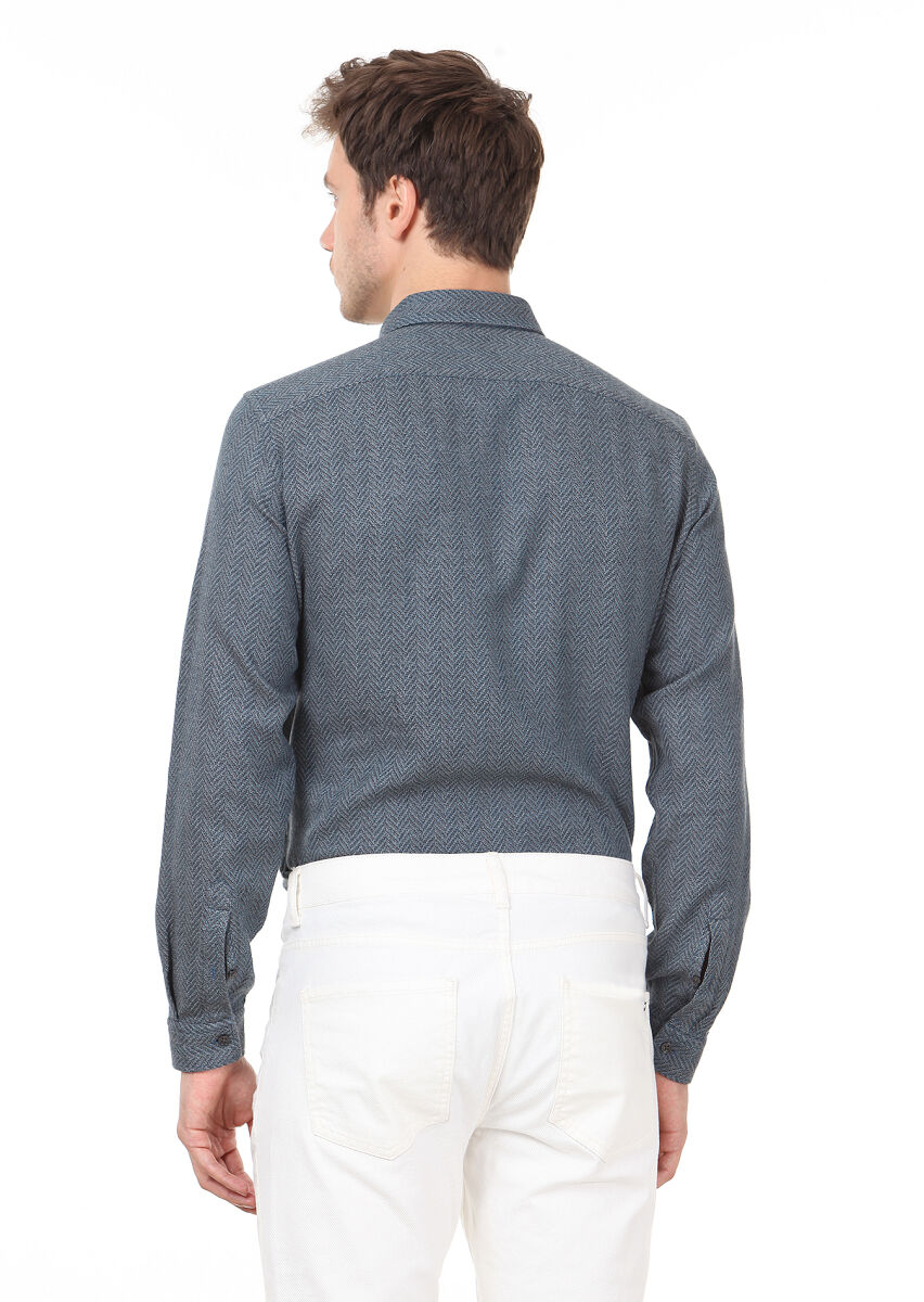 Petrol Blue Patterned Regular Fit Long Weaving Casual 100% Cotton Shirt - 4