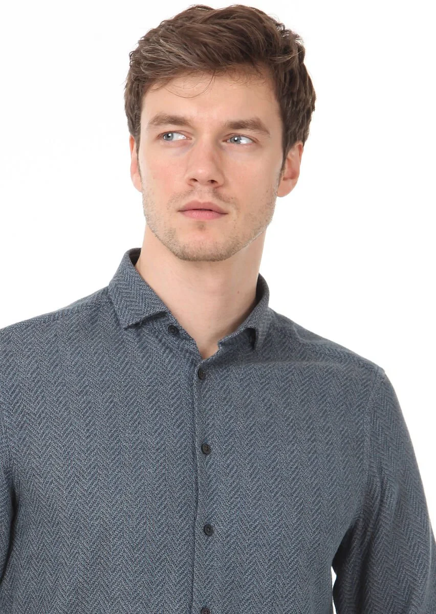 Petrol Blue Patterned Regular Fit Weaving Casual 100% Cotton Shirt - 2