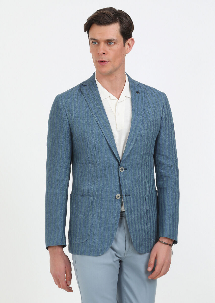 Petrol Blue Patterned Shirt Shoulder Slim Fit 100% Linen Jacket - 3