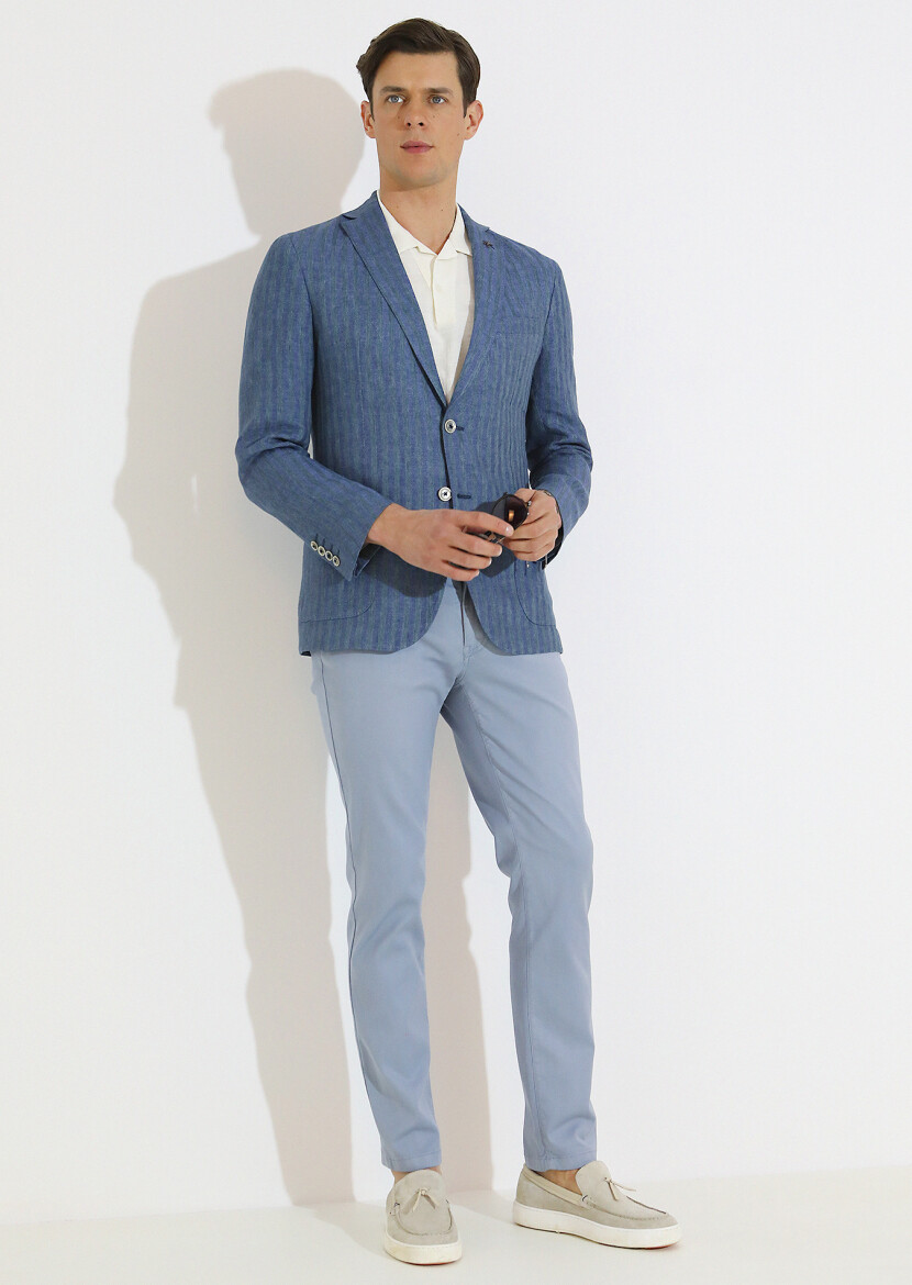 Petrol Blue Patterned Shirt Shoulder Slim Fit 100% Linen Jacket - 4