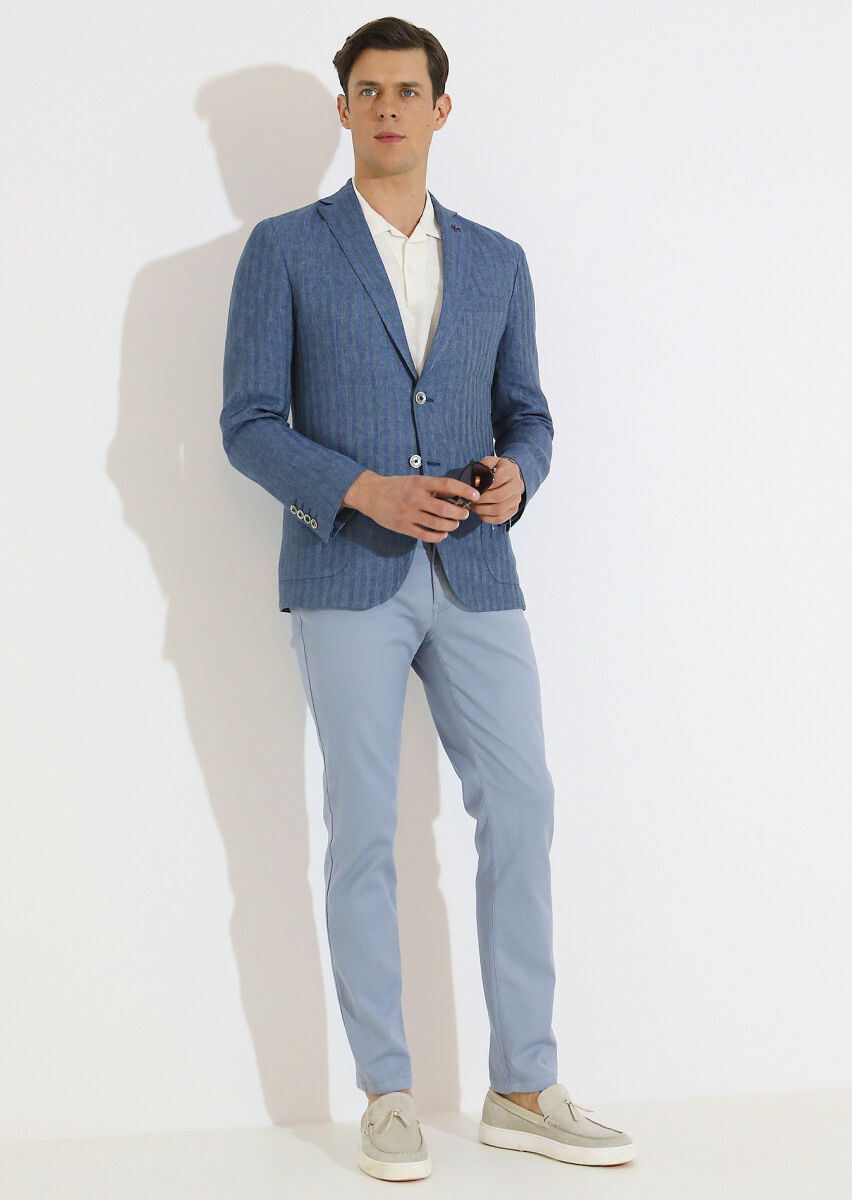 Petrol Blue Patterned Shirt Shoulder Slim Fit 100% Linen Jacket - 4