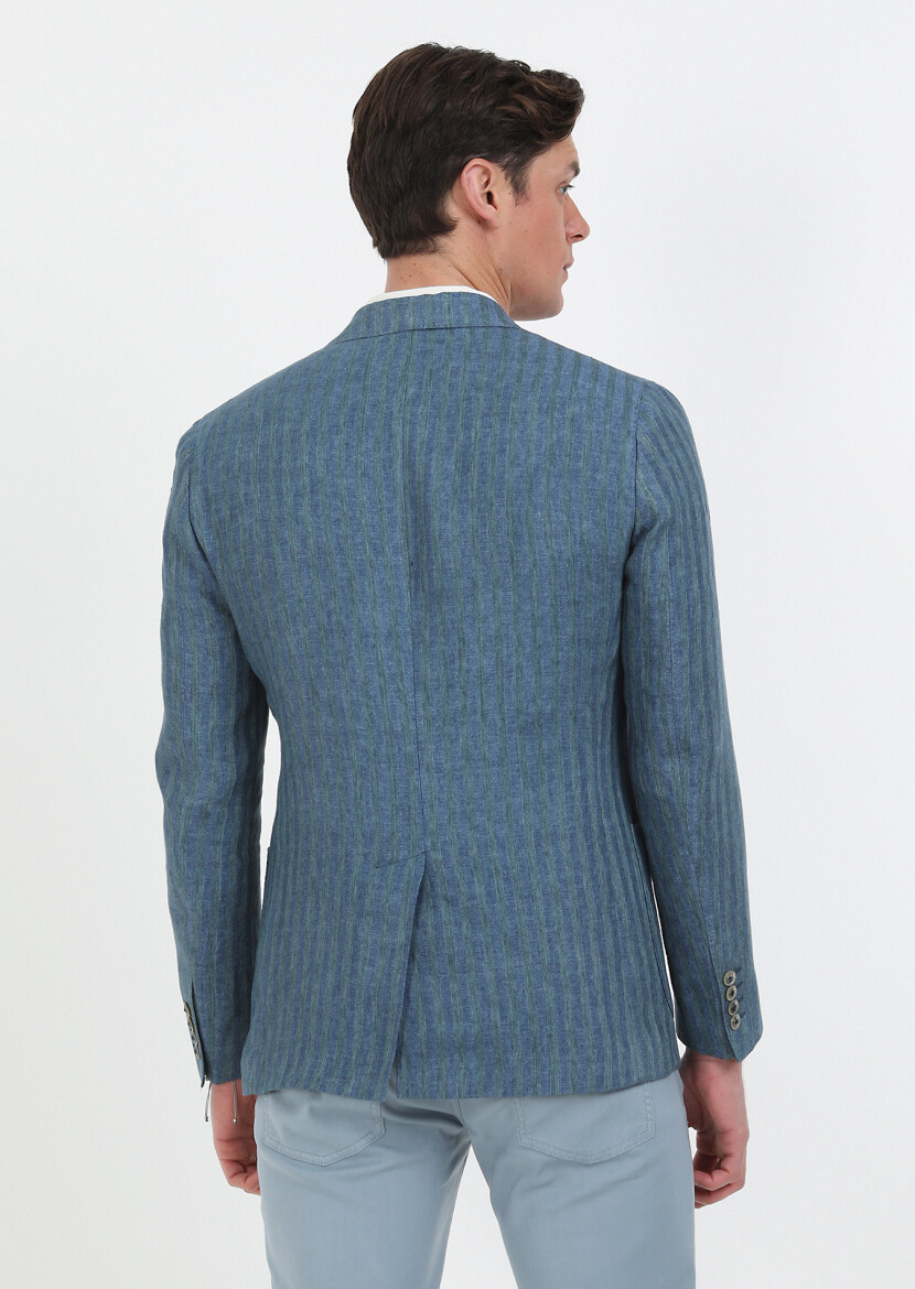 Petrol Blue Patterned Shirt Shoulder Slim Fit 100% Linen Jacket - 6