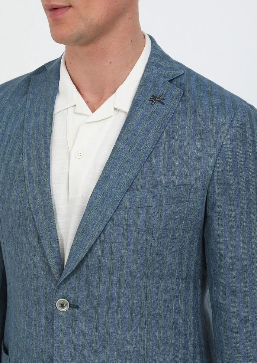 Petrol Blue Patterned Shirt Shoulder Slim Fit 100% Linen Jacket - 4