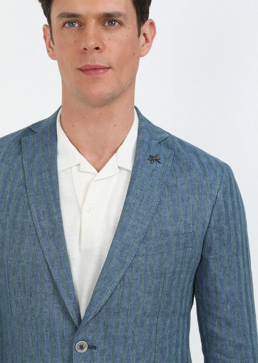 Petrol Blue Patterned Shirt Shoulder Slim Fit 100% Linen Jacket - 6
