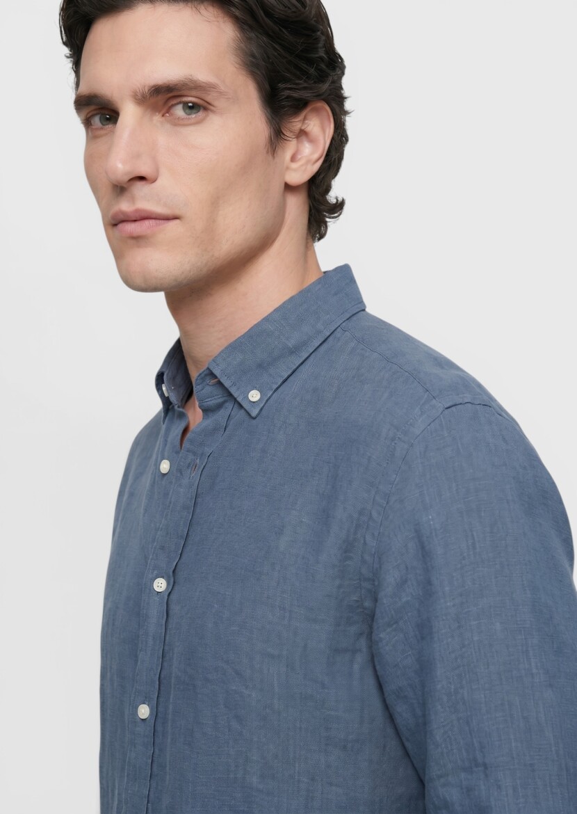 Petrol Blue Plain Casual Fit Long Weaving Casual 100% Linen Shirt - RAMSEY