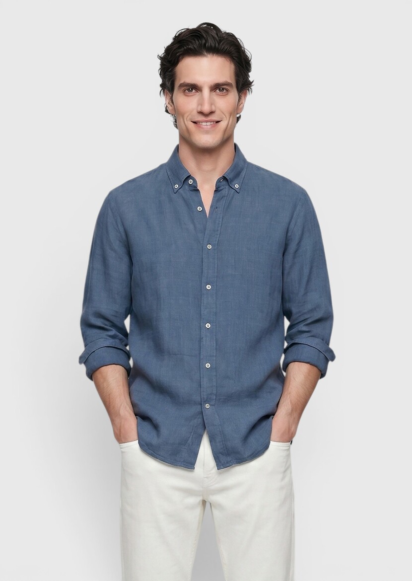 Petrol Blue Plain Casual Fit Long Weaving Casual 100% Linen Shirt - RAMSEY