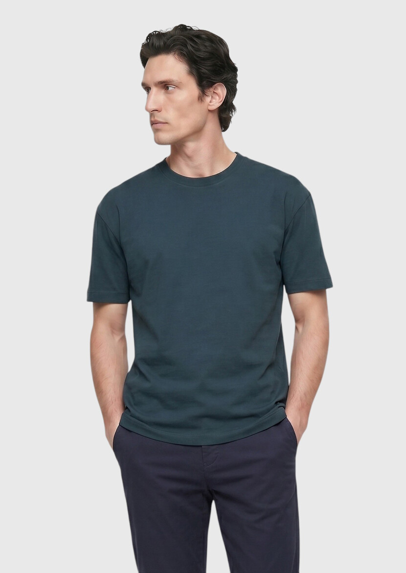 Petrol Blue Plain Crew Neck 100% Cotton T-Shirt 