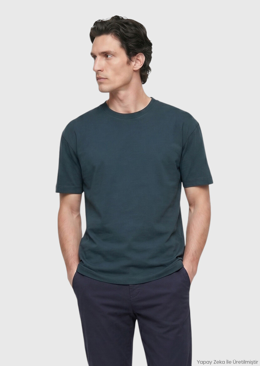 Petrol Blue Plain Crew Neck 100% Cotton T-Shirt - RAMSEY