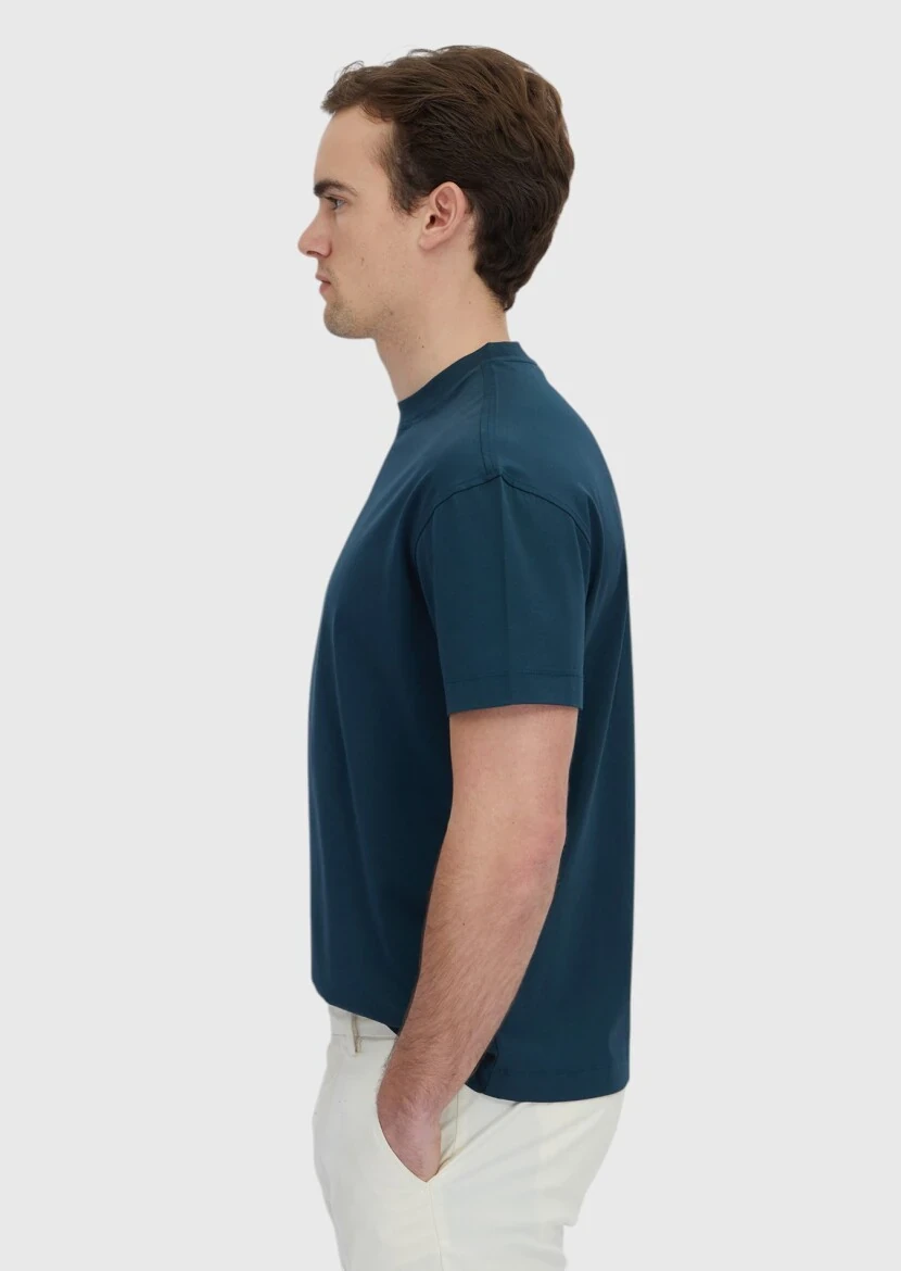 Petrol Blue Plain Crew Neck 100% Cotton T-Shirt - 3