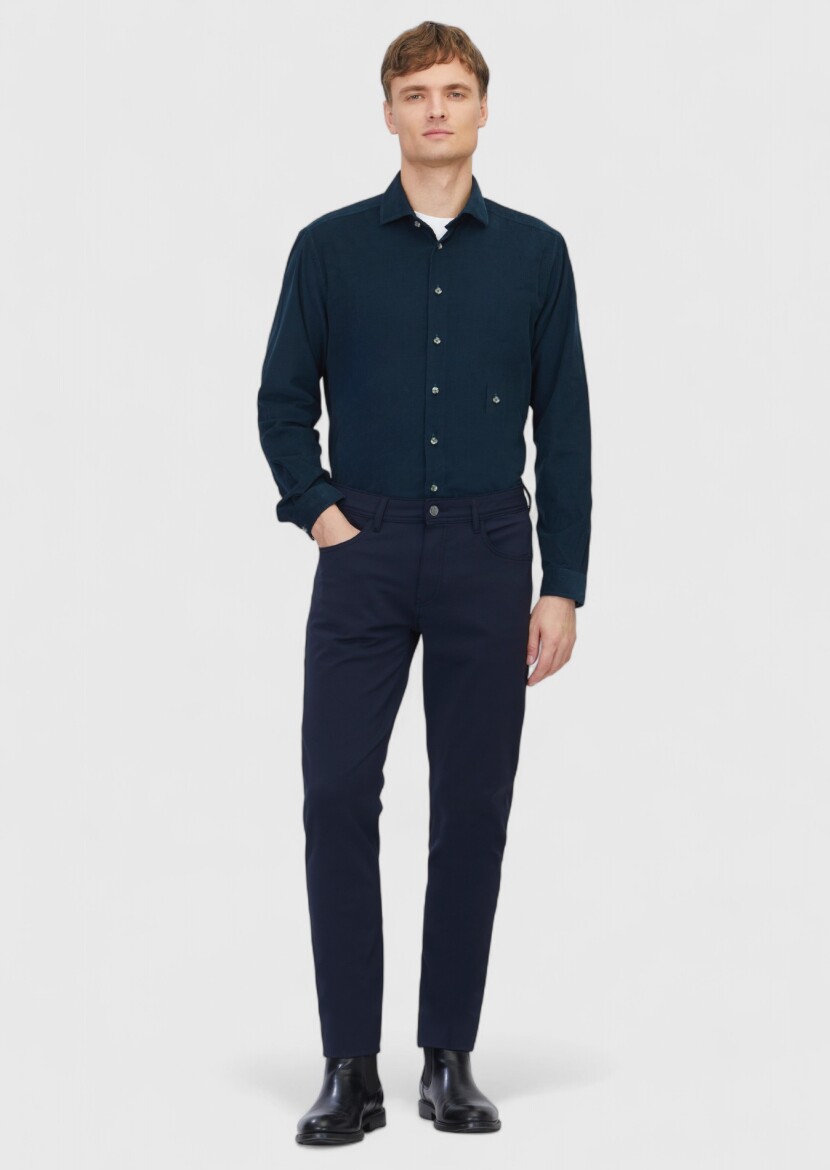 Petrol Blue Plain Long Weaving Casual 100% Cotton Shirt 