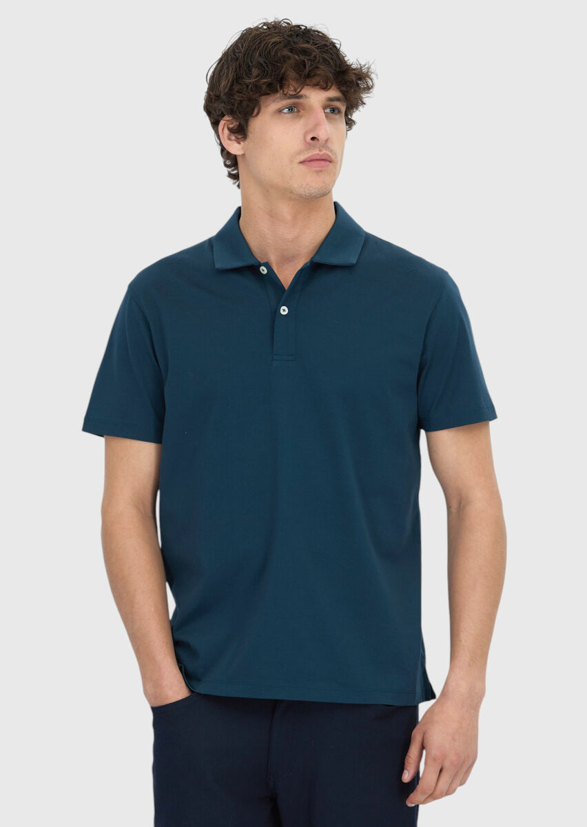 Petrol Blue Plain Polo Neck 100% Cotton T-Shirt - 1