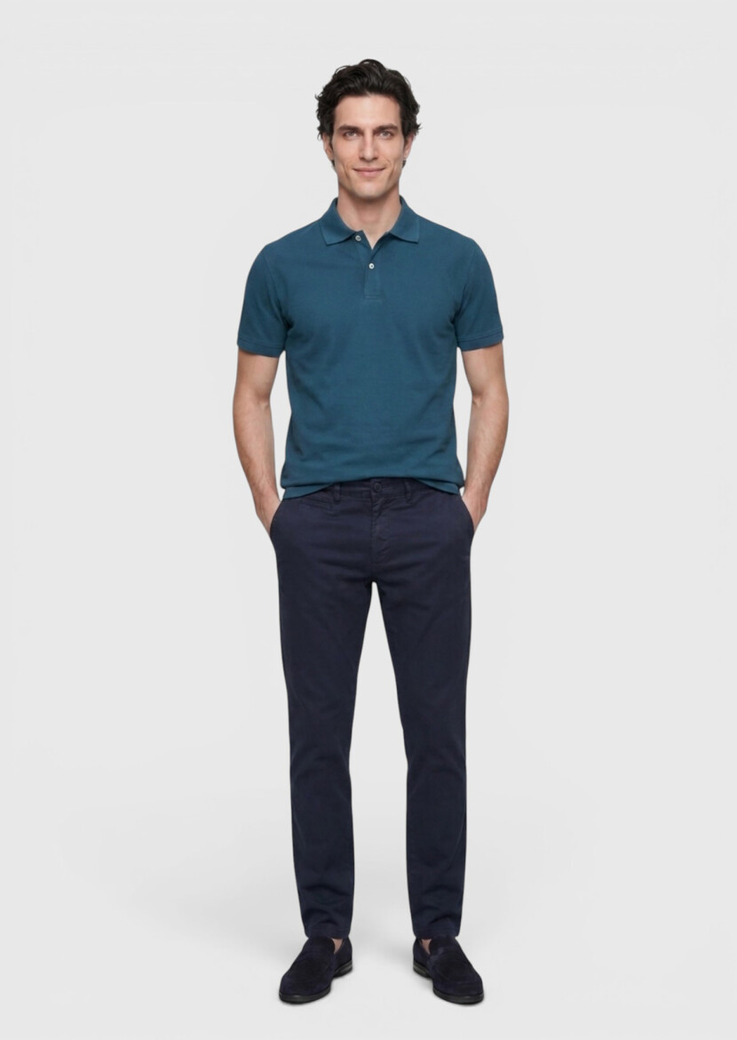 Petrol Blue Plain Polo Neck 100% Cotton T-Shirt - RAMSEY