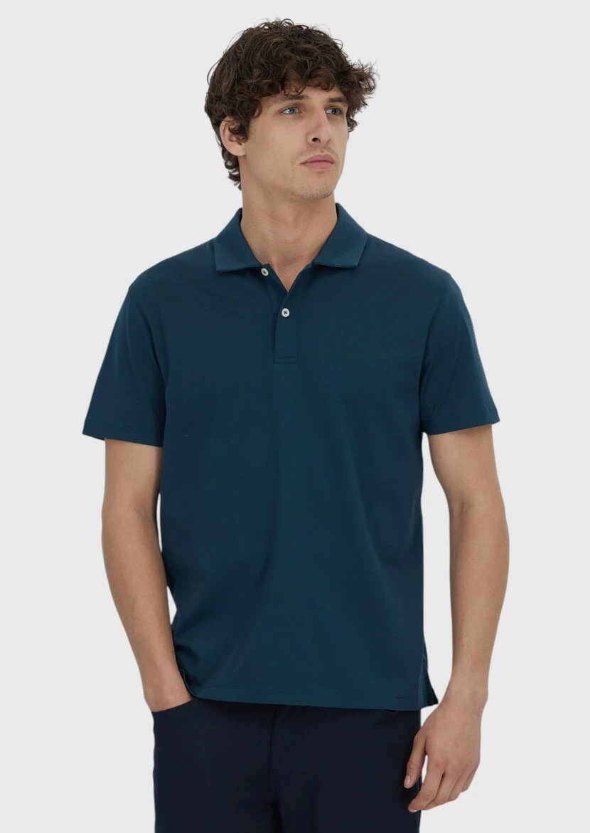 Petrol Blue Plain Polo Neck 100% Cotton T-Shirt - 1