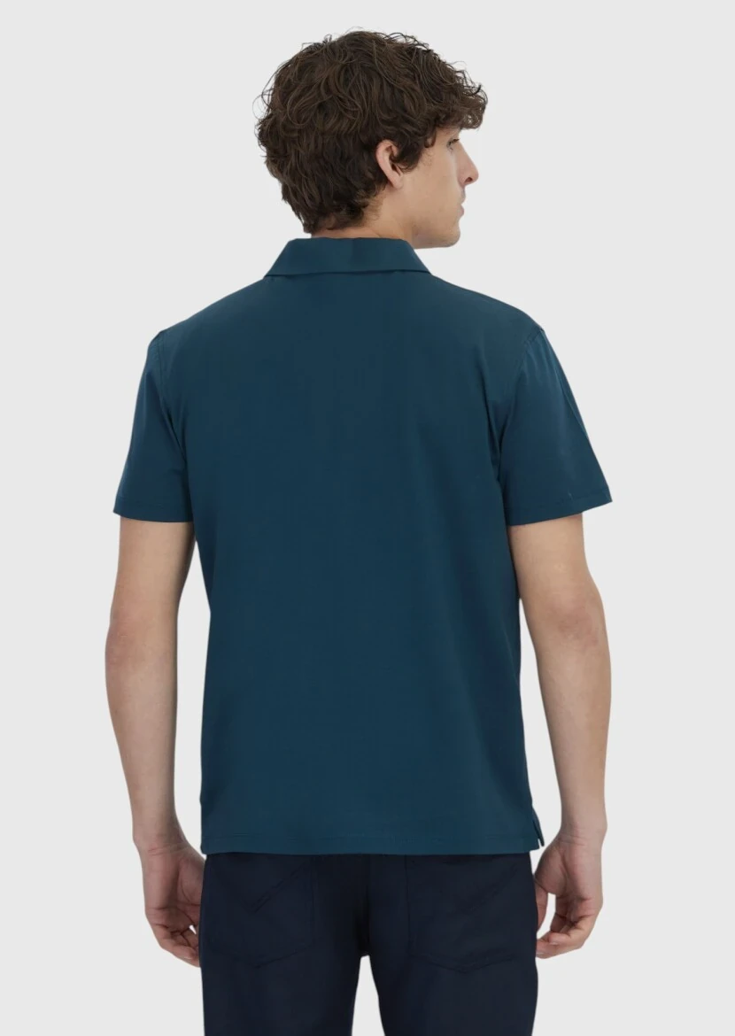 Petrol Blue Plain Polo Neck 100% Cotton T-Shirt - 5