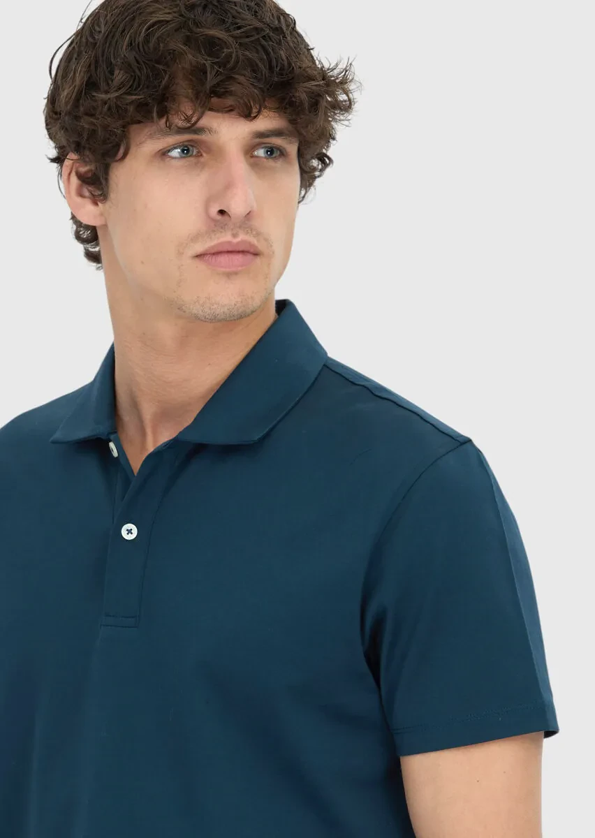 Petrol Blue Plain Polo Neck 100% Cotton T-Shirt - 3