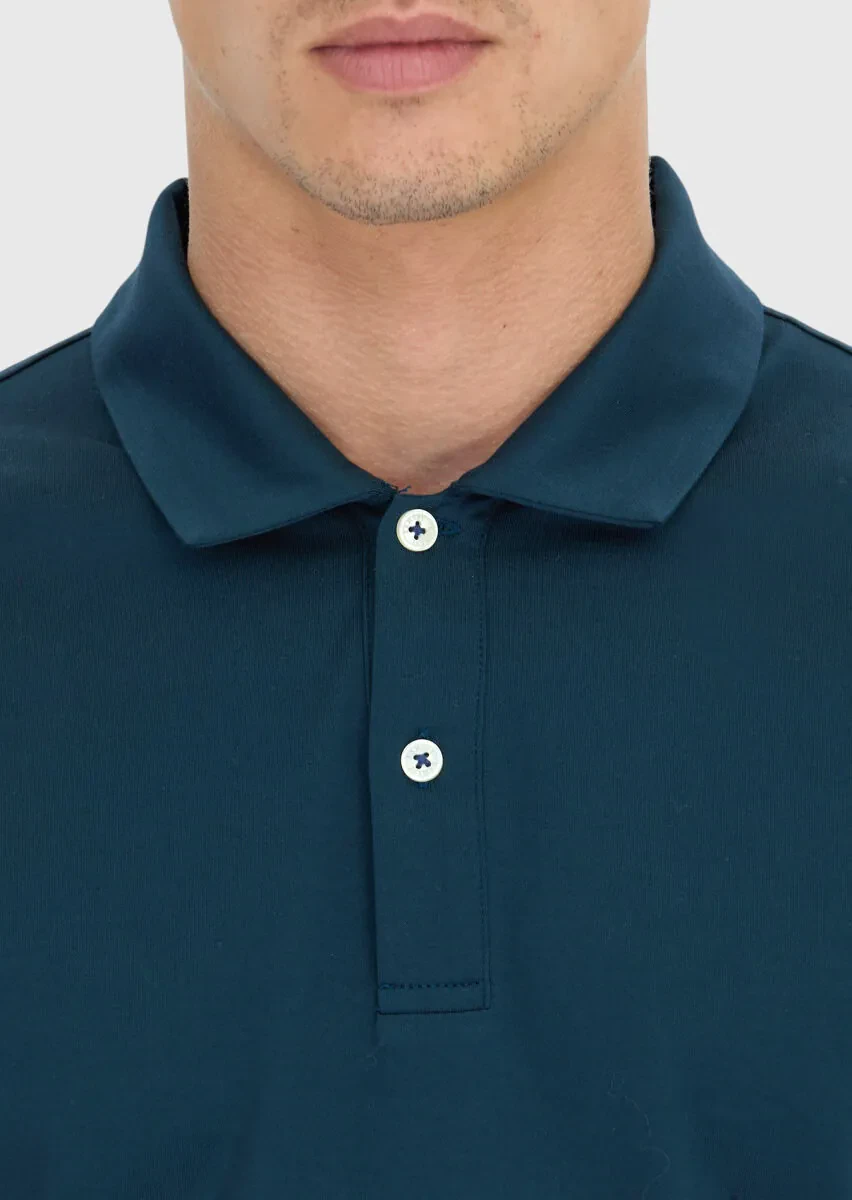 Petrol Blue Plain Polo Neck 100% Cotton T-Shirt - 4