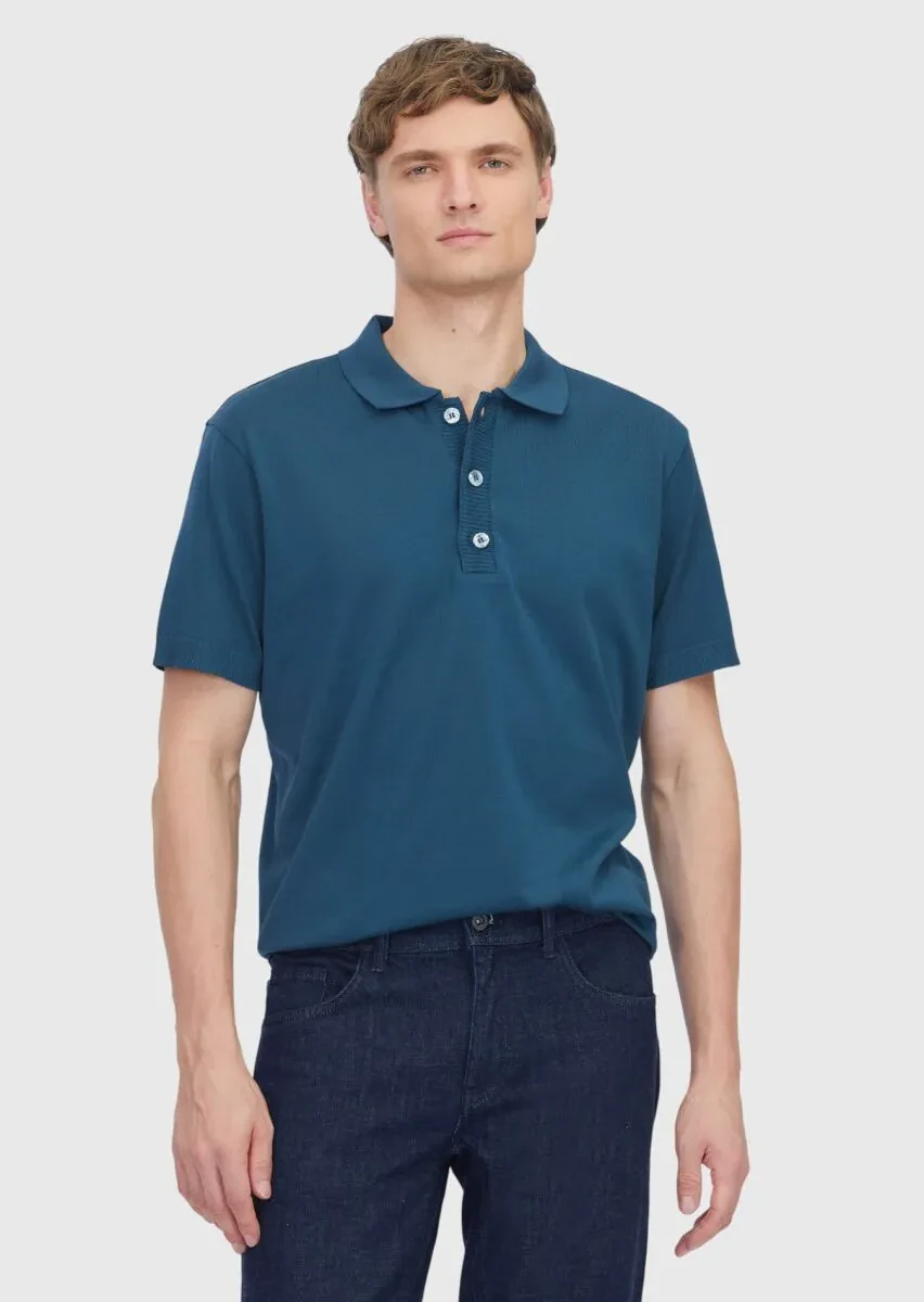 Petrol Blue Plain Polo Neck 100% Cotton T-Shirt - 1