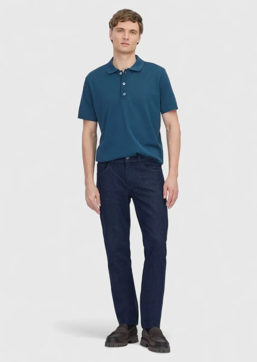 Petrol Blue Plain Polo Neck 100% Cotton T-Shirt - 2