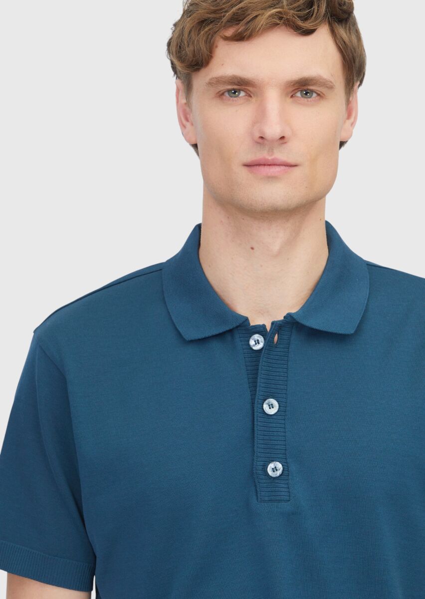 Petrol Blue Plain Polo Neck 100% Cotton T-Shirt - 3