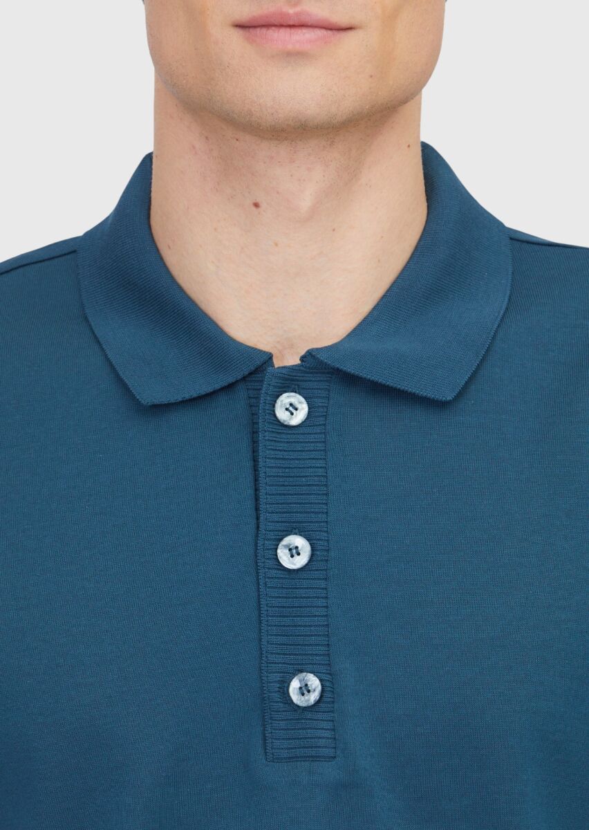 Petrol Blue Plain Polo Neck 100% Cotton T-Shirt - 4