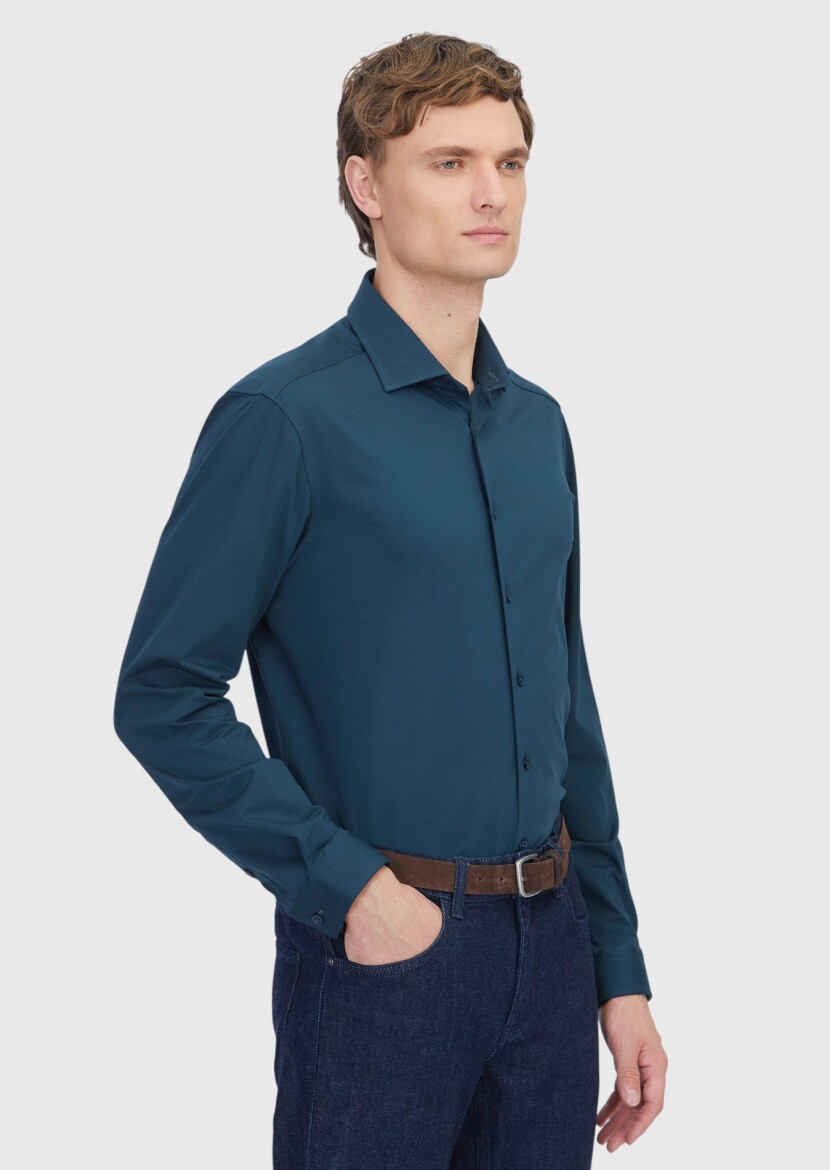 Petrol Blue Plain Regular Fit Knitting Casual Cotton Blended Shirt - 3