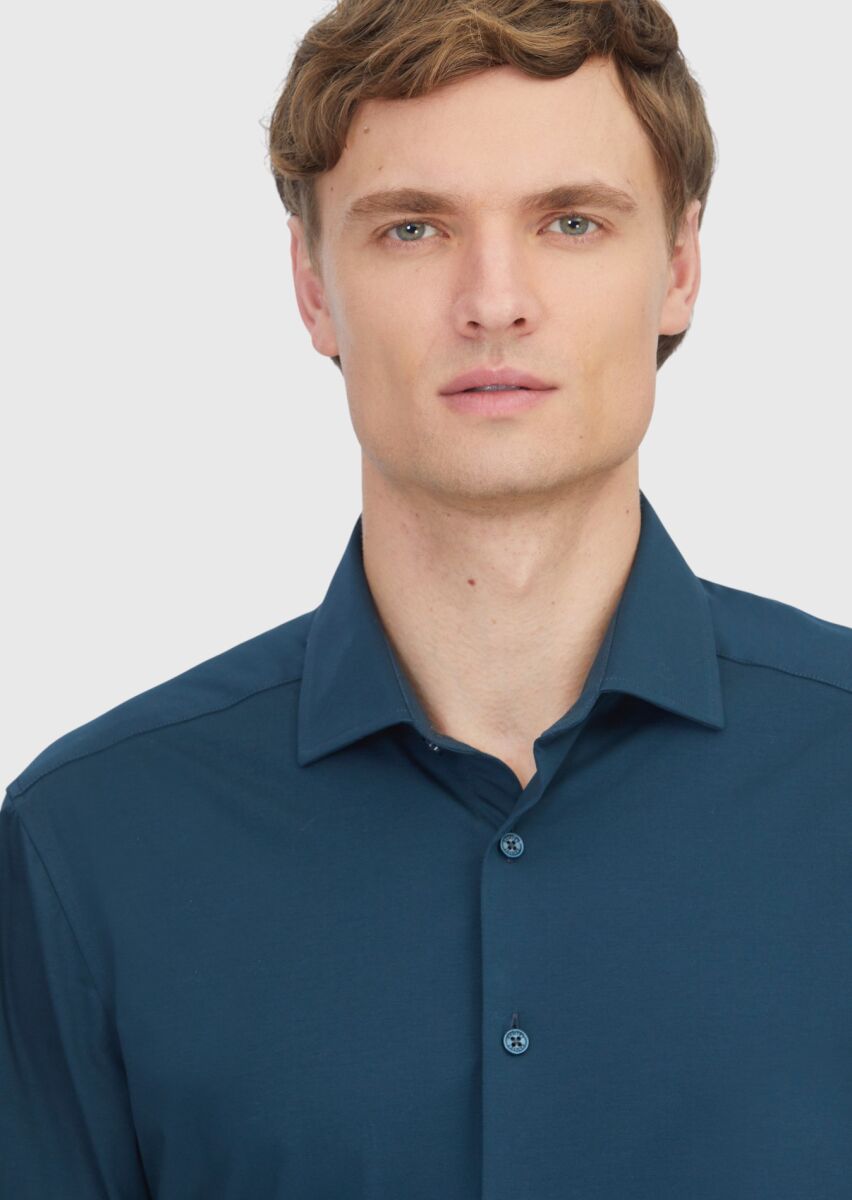 Petrol Blue Plain Regular Fit Long Knitting Casual Cotton Blended Shirt - 4