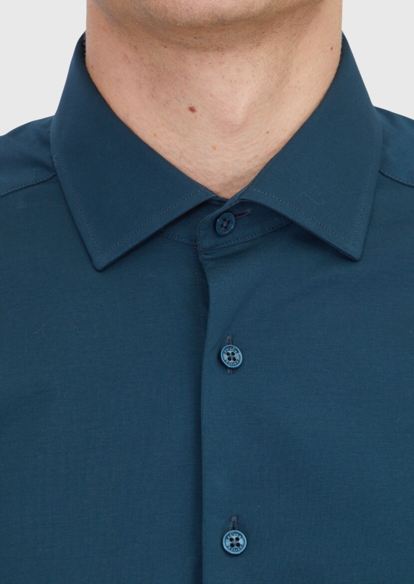 Petrol Blue Plain Regular Fit Long Knitting Casual Cotton Blended Shirt - 5