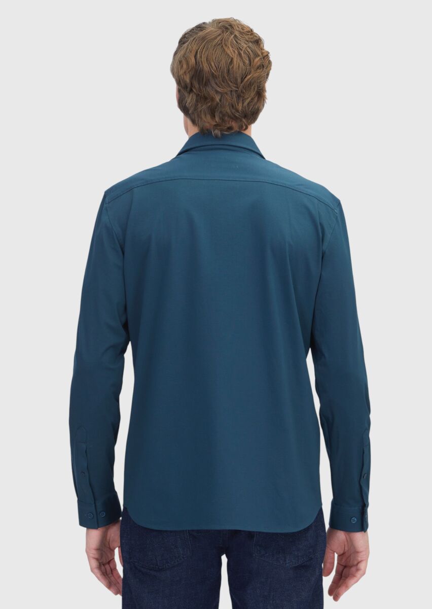 Petrol Blue Plain Regular Fit Long Knitting Casual Cotton Blended Shirt - 6