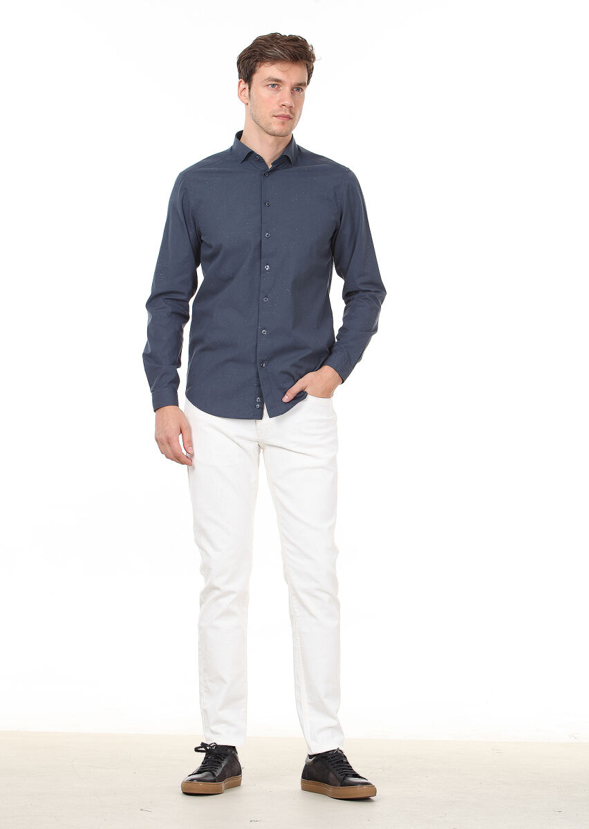 Petrol Blue Plain Slim Fit Long Weaving Casual 100% Cotton Shirt - 3