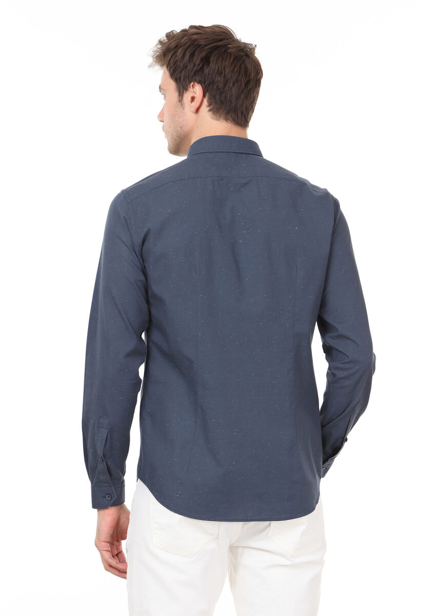 Petrol Blue Plain Slim Fit Long Weaving Casual 100% Cotton Shirt - 4