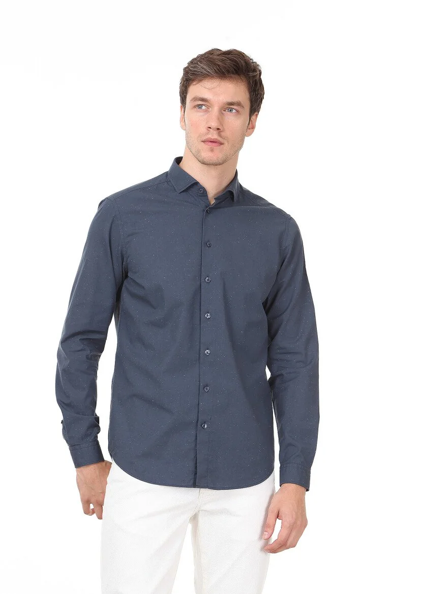 Petrol Blue Plain Slim Fit Weaving Casual 100% Cotton Shirt - 1