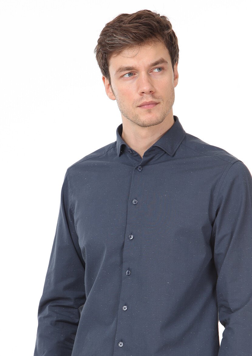 Petrol Blue Plain Slim Fit Weaving Casual 100% Cotton Shirt - 2