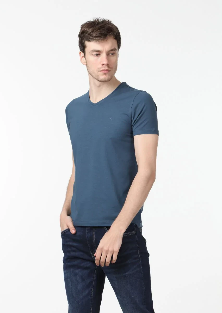 Petrol Blue Plain V-Neck Cotton Blended T-Shirt - 1