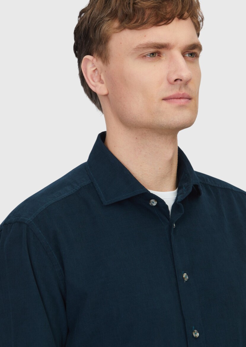 Petrol Blue Plain Weaving Casual 100% Cotton Shirt - 3