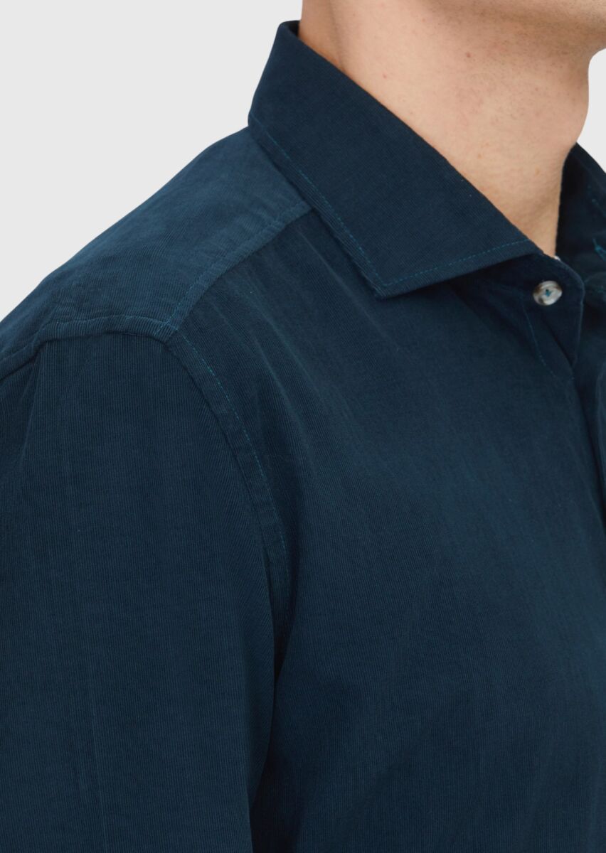 Petrol Blue Plain Weaving Casual 100% Cotton Shirt - 4