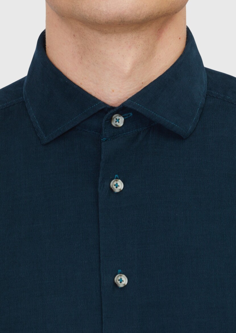 Petrol Blue Plain Weaving Casual 100% Cotton Shirt - 5