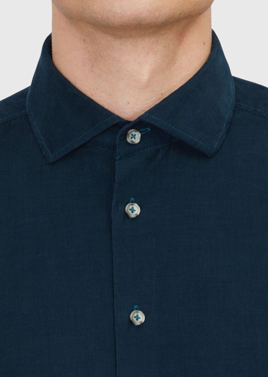 Petrol Blue Plain Weaving Casual 100% Cotton Shirt - 5