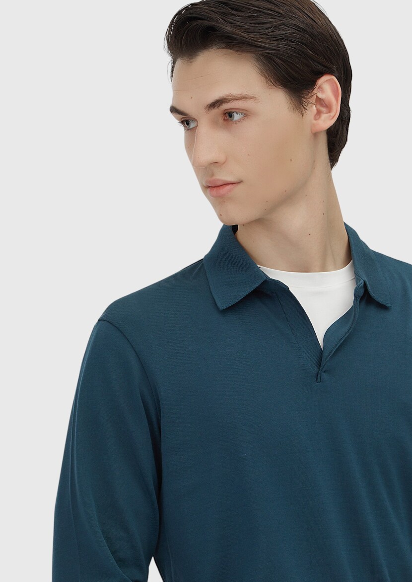 Petrol Blue Polo Neck Plain Sweatshirt - 4